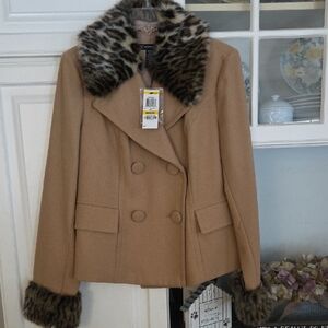 INC International Concepts Tan Pea Coat with Leopard Trim Size M